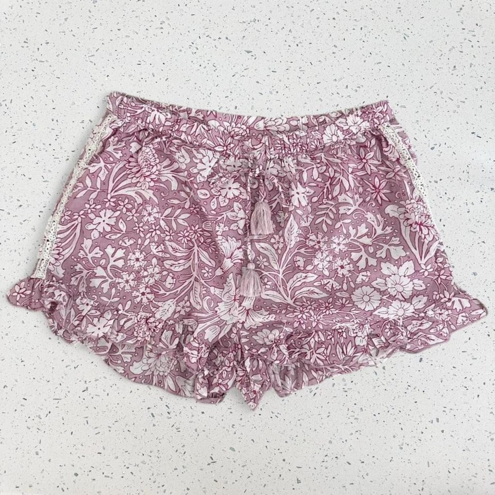 Rachel Ashwell Cottagecore Floral PJ Shorts Pink White Cotton Lace Ruffle Tassel
